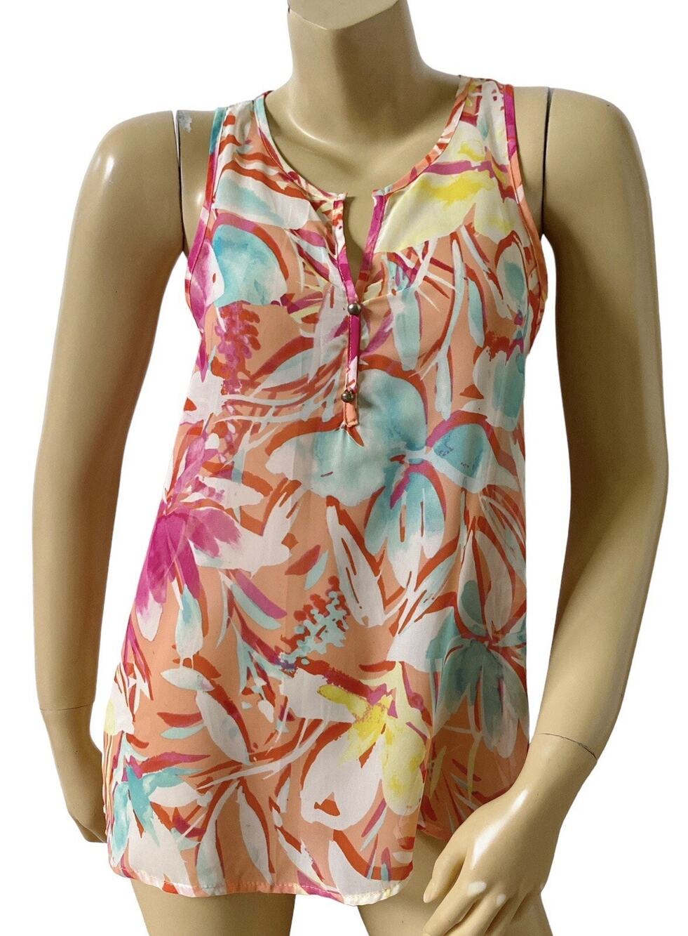 Miami Tank Top Womens Size Medium Sheer Tropical Floral Sleeveless Split Neck